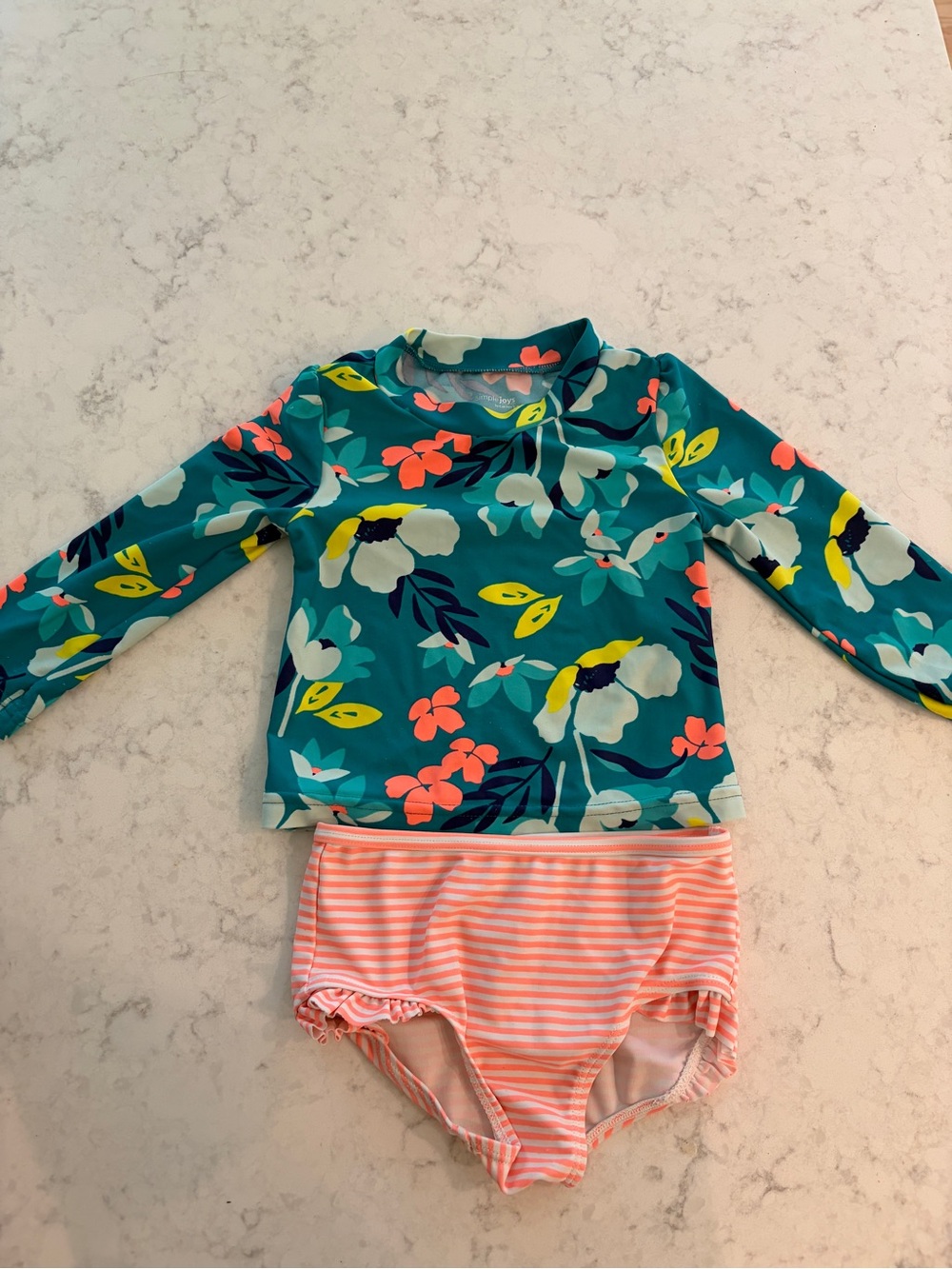 Carter’s Floral Teal Long-Sleeve Rash Guard Swim Set with Pink Stripe Bottom